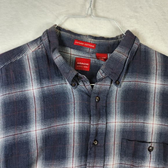 Mens Arrow Vintage Cotton Blue Plaid‎ Long Sleeve Button Up Flannel 2XL Thrashed - Picture 5 of 9
